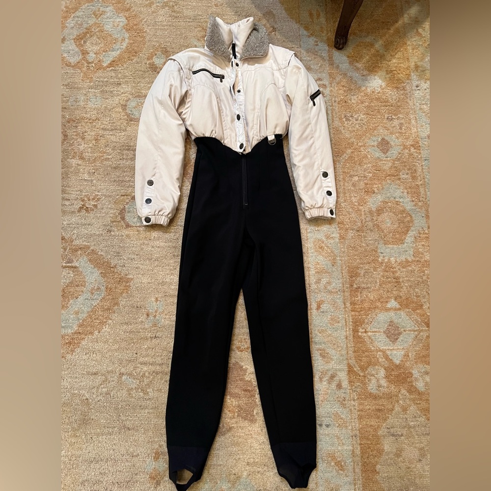 Nils skiwear all in one ski suit cream color jacket with black pants